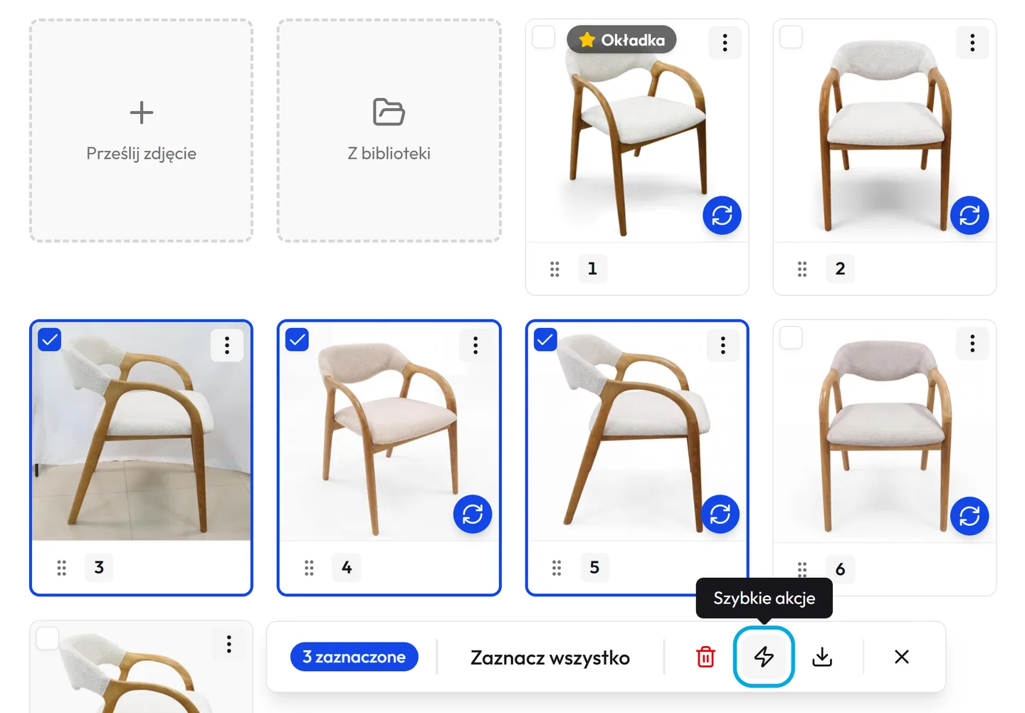 Trzy zaznaczone zdjęcia krzesła i pasek z przyciskiem Szybkie akcje