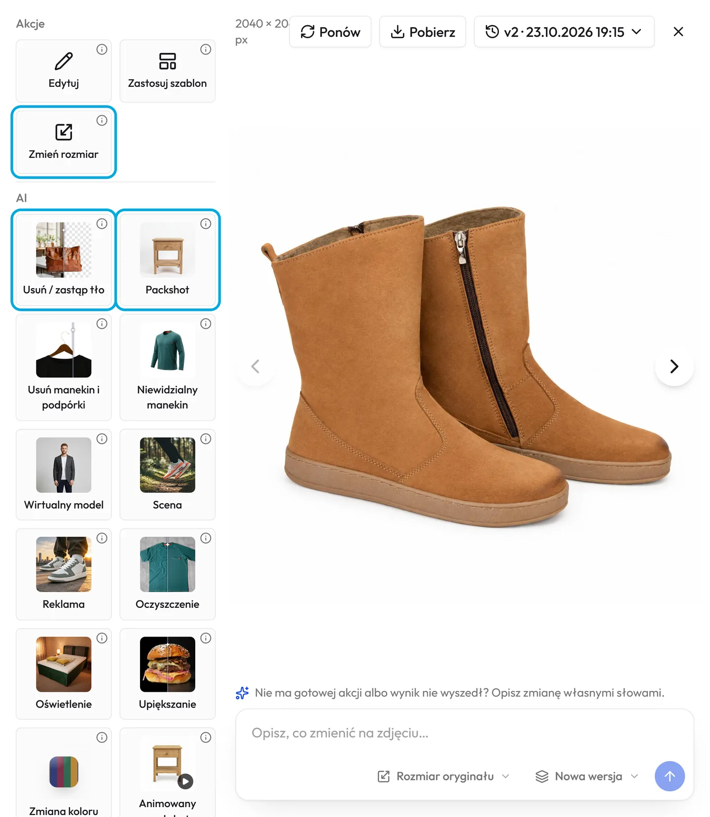 Okno zdjęcia butów w PixelFiddler z zaznaczonymi akcjami Zmień rozmiar, Usuń / zastąp tło i Packshot