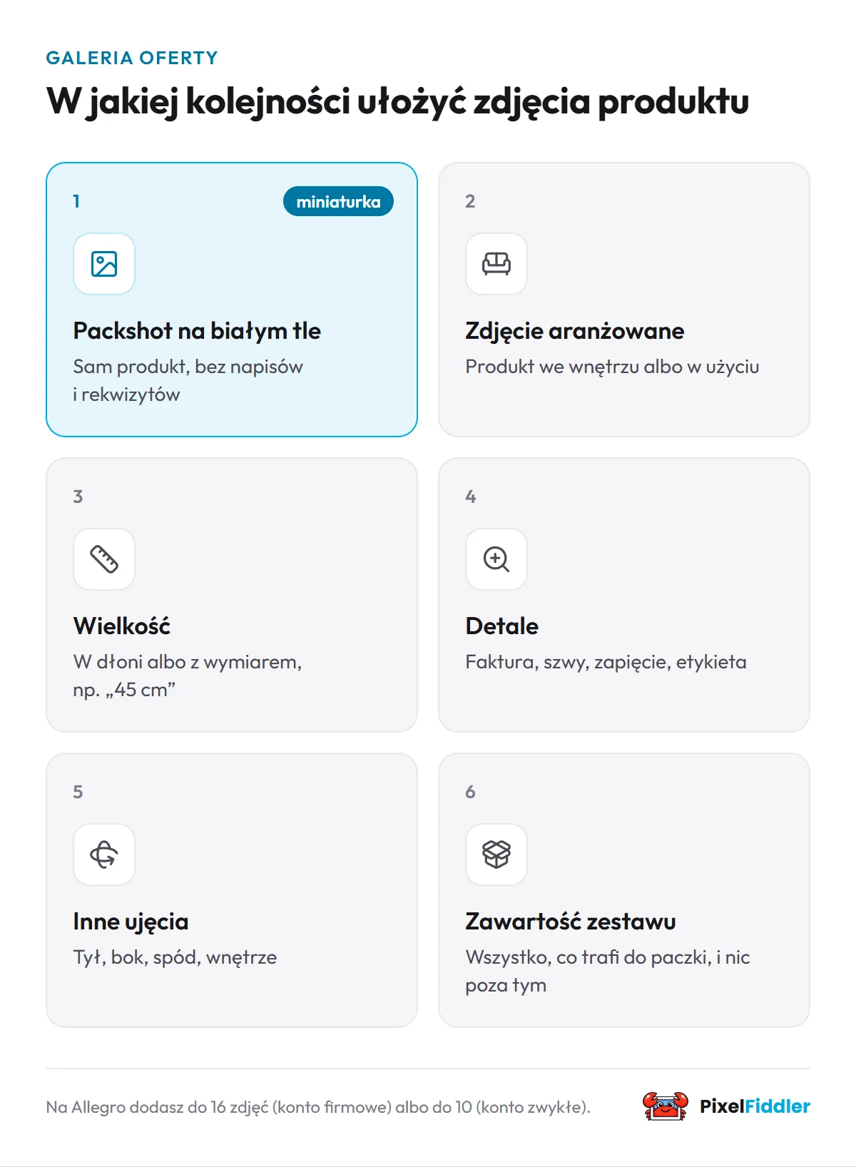 Kolejność zdjęć w galerii: 1. packshot na białym tle jako miniaturka, 2. zdjęcie aranżowane, 3. wielkość, 4. detale, 5. inne ujęcia, 6. zawartość zestawu