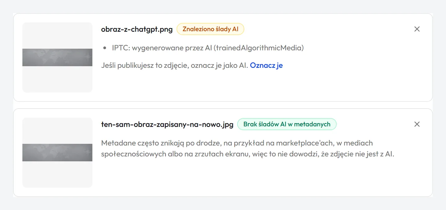 Wynik narzędzia „Sprawdź, czy zdjęcie jest z AI”: obraz z ChatGPT ma ślady AI, a ten sam obraz zapisany na nowo nie ma żadnych.