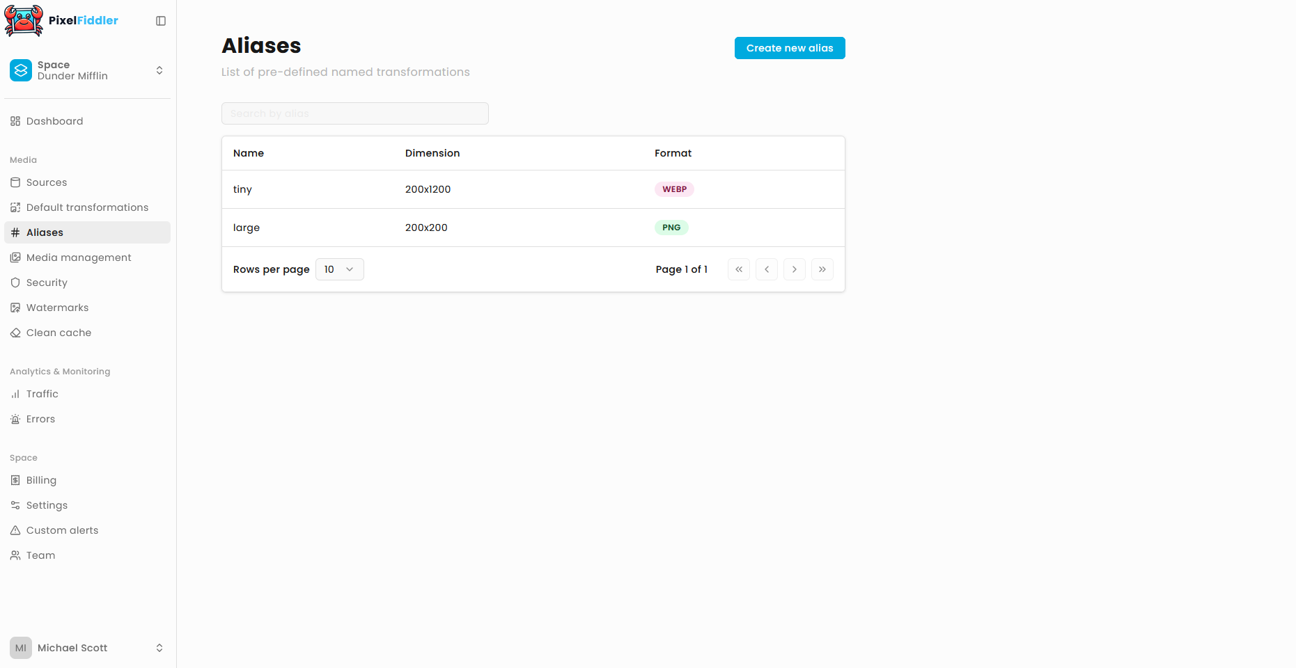 Create new alias form with preview
