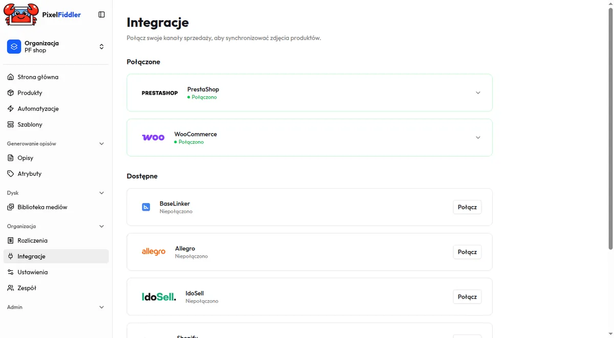 Lista integracji w PixelFiddler z przyciskiem Połącz przy Allegro
