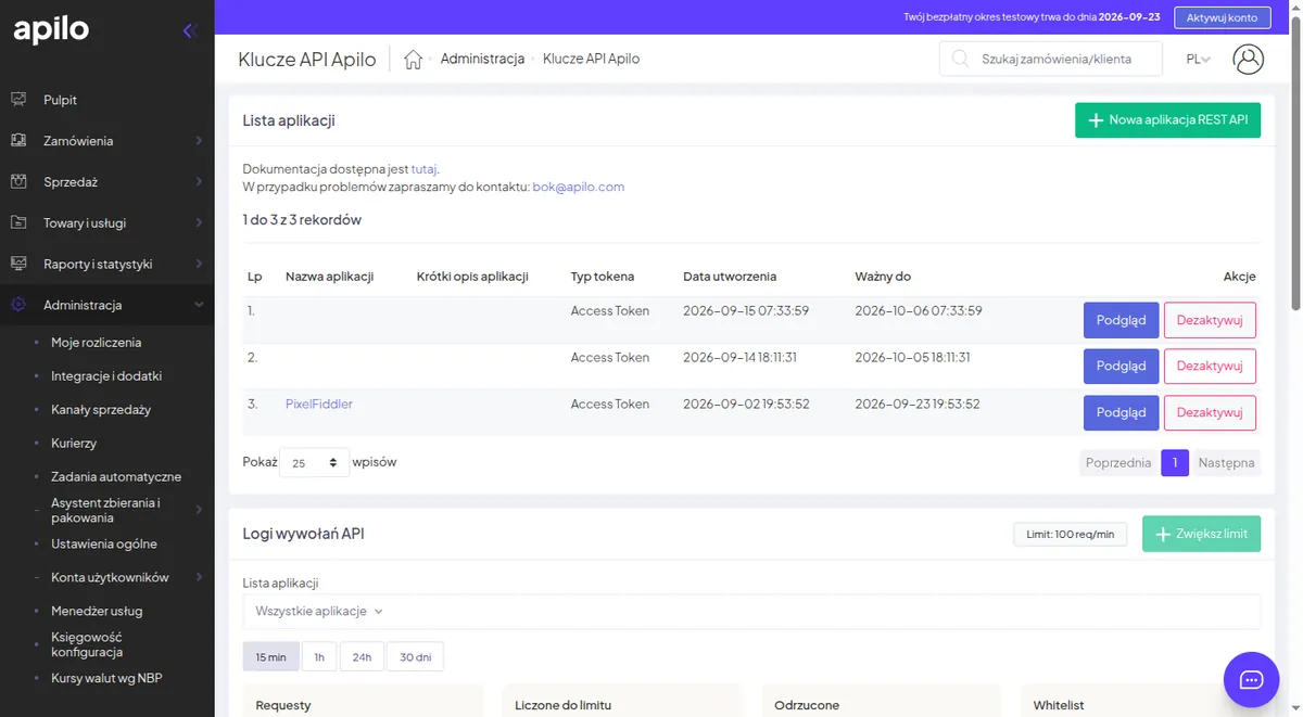 REST API application list in Apilo