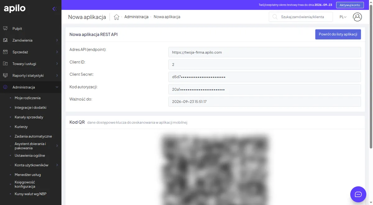 Details of the new REST API application in Apilo
