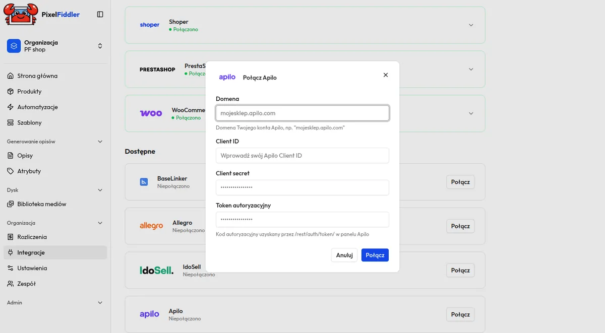 Connect Apilo dialog in PixelFiddler