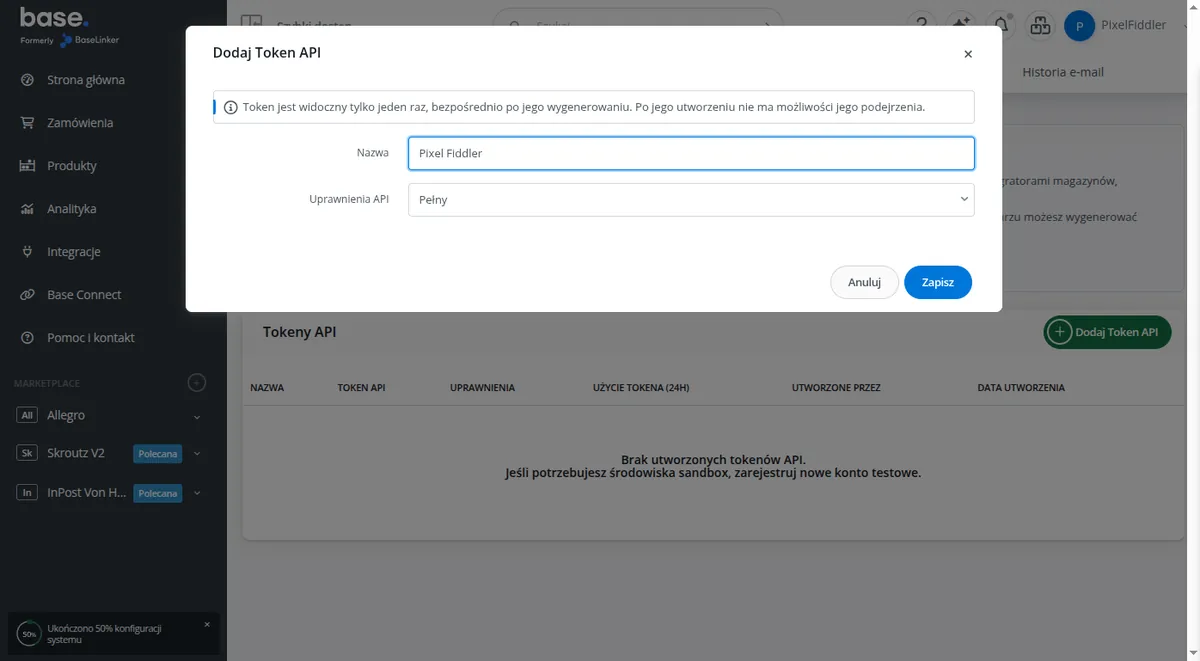 Add API token dialog in Base.com