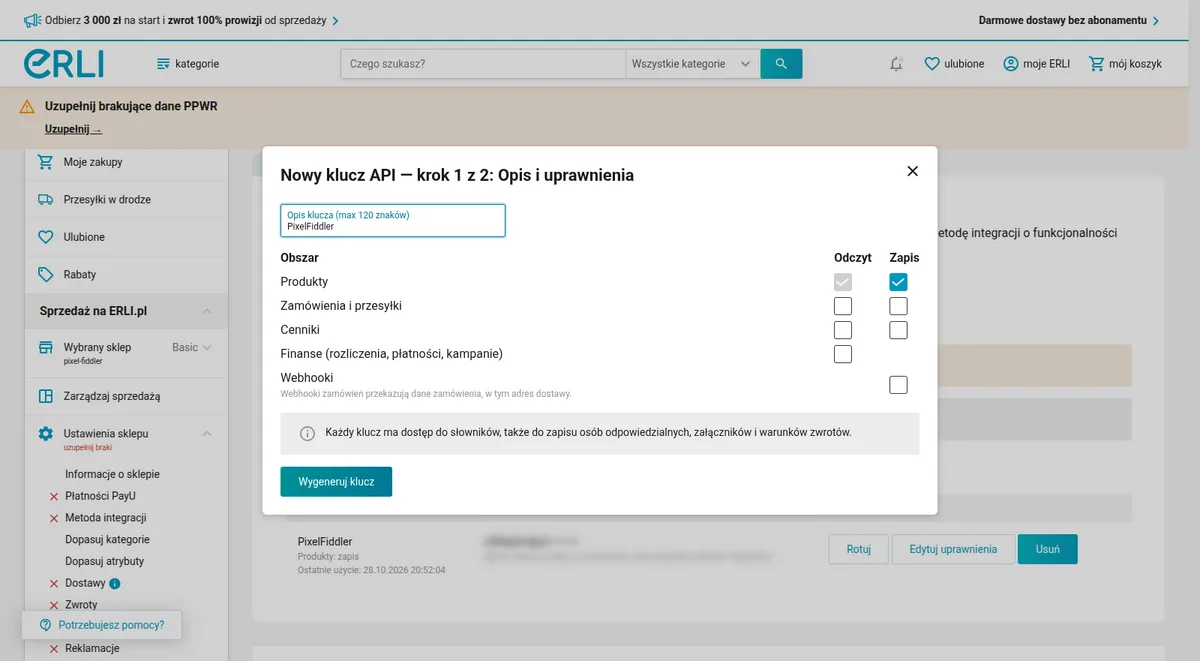 Okno Nowy klucz API w Erli z zaznaczonym tylko zapisem produktów