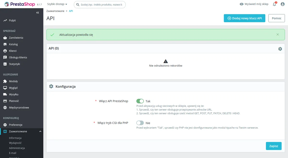 Ustawienia API w PrestaShop z włączonym przełącznikiem Włącz API PrestaShop