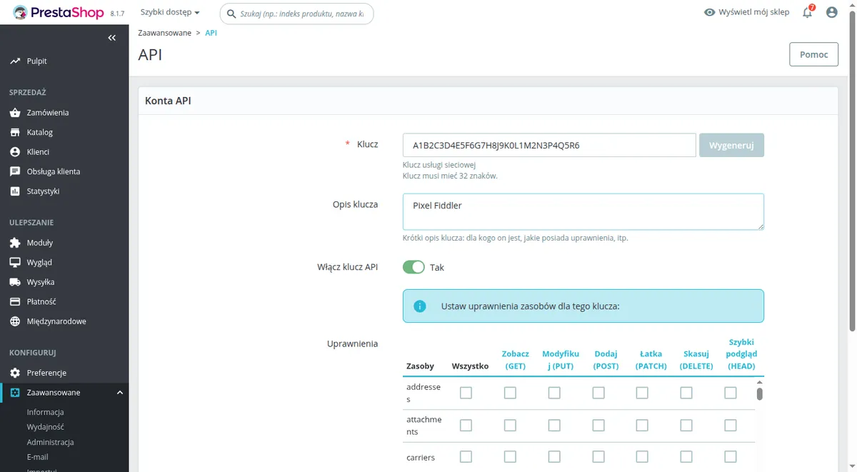 Formularz nowego klucza API w PrestaShop