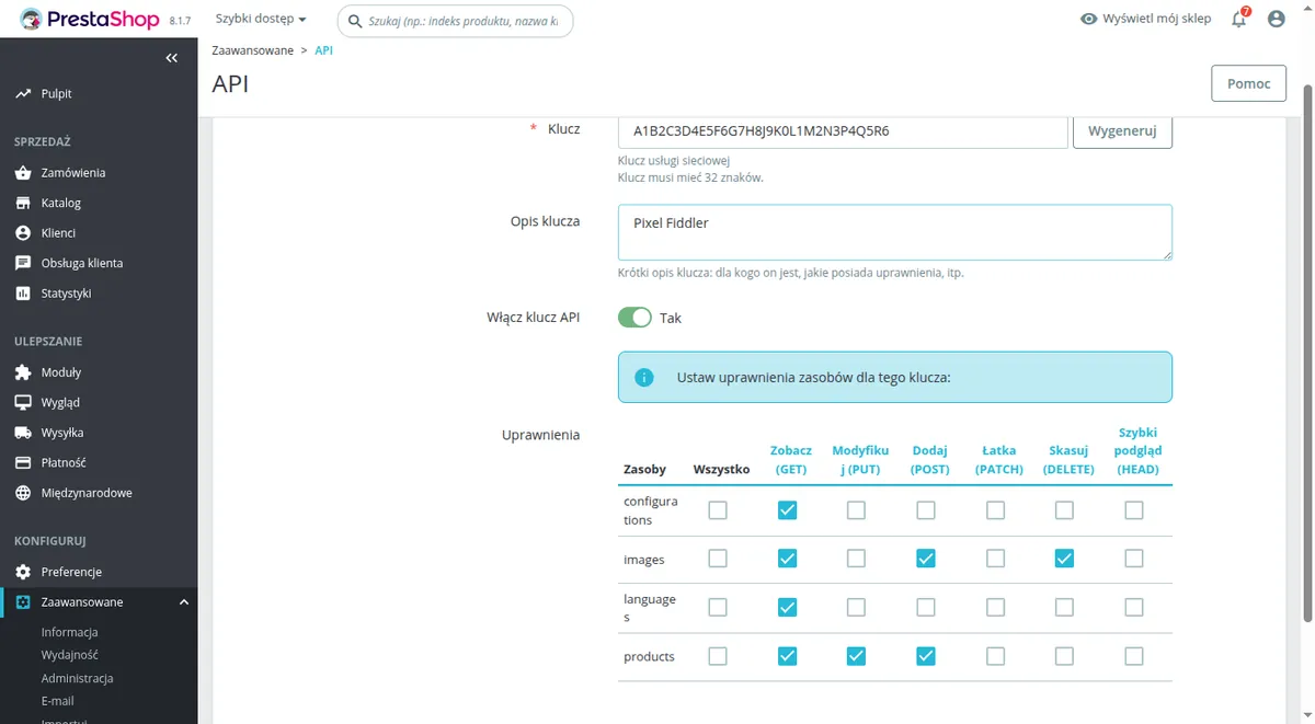 Tabela uprawnień klucza API w PrestaShop