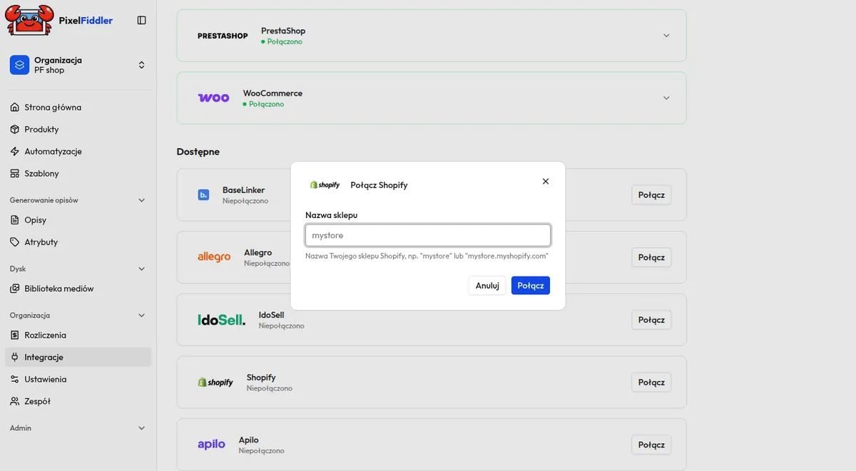 Okno Połącz Shopify w PixelFiddler z polem Nazwa sklepu