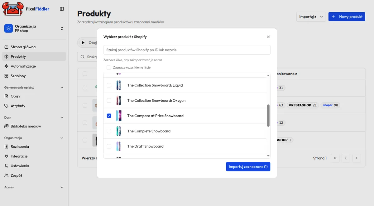 Lista produktów Shopify do zaimportowania w PixelFiddler