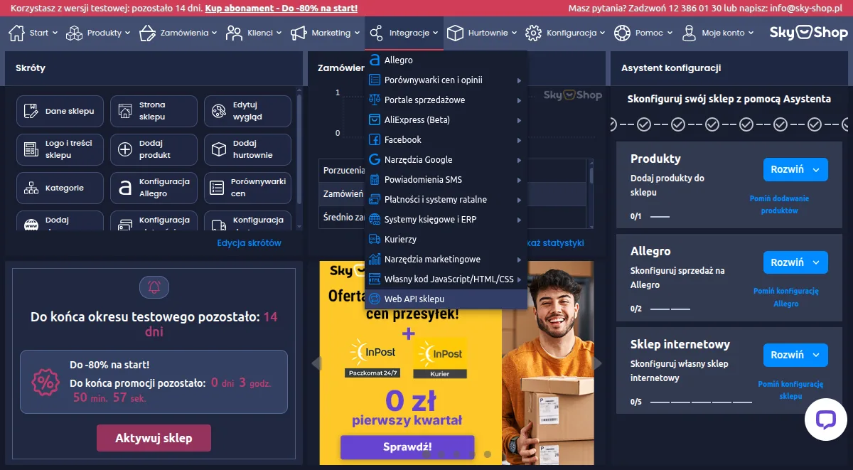 Menu Integracje w panelu Sky-Shop z pozycją Web API sklepu