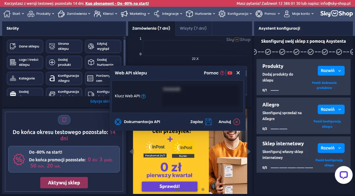 Okno Web API sklepu w panelu Sky-Shop z polem klucza i przyciskiem Zapisz