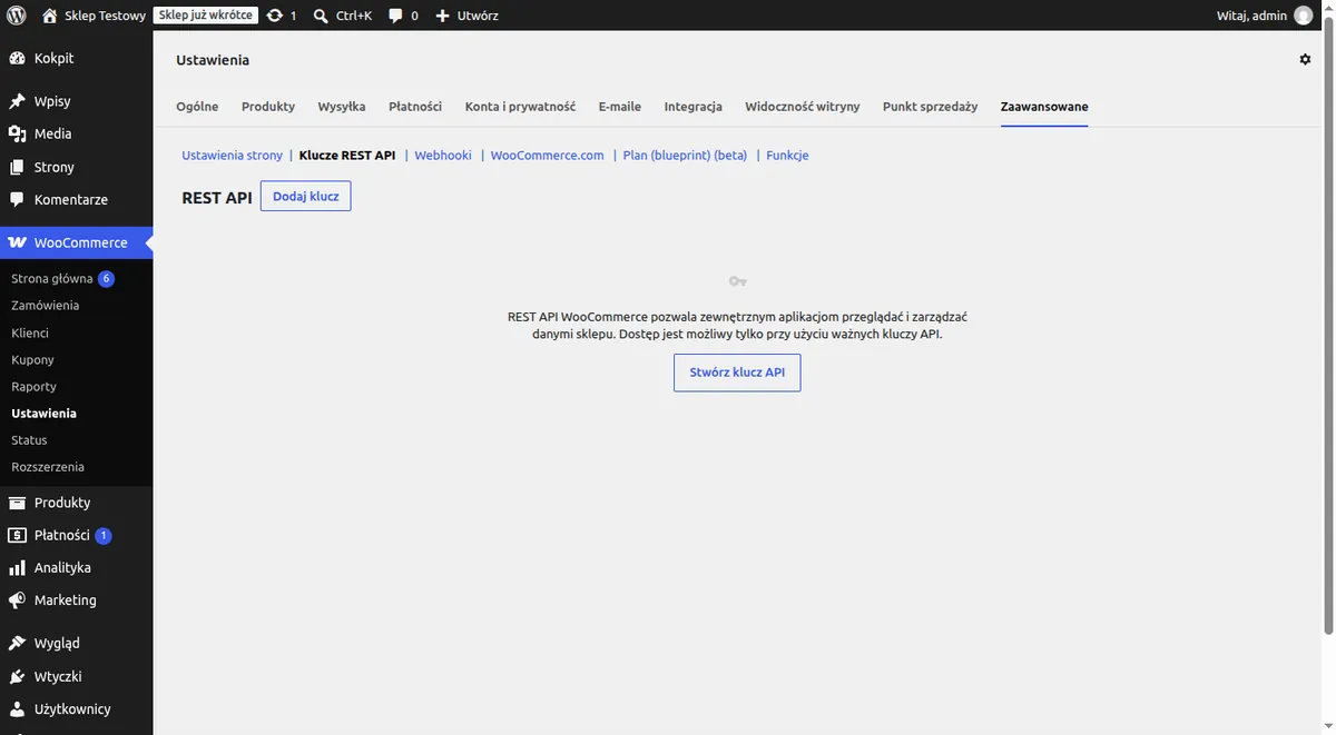 Zakładka Klucze REST API w ustawieniach WooCommerce