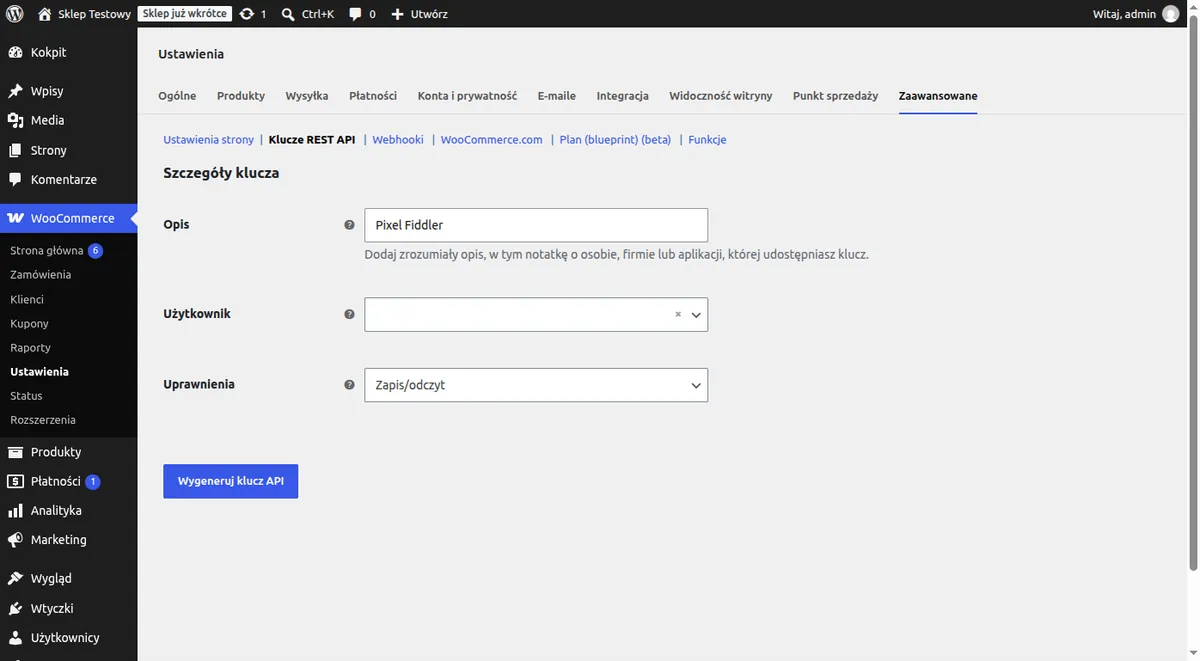 Formularz nowego klucza REST API z uprawnieniami Zapis/odczyt