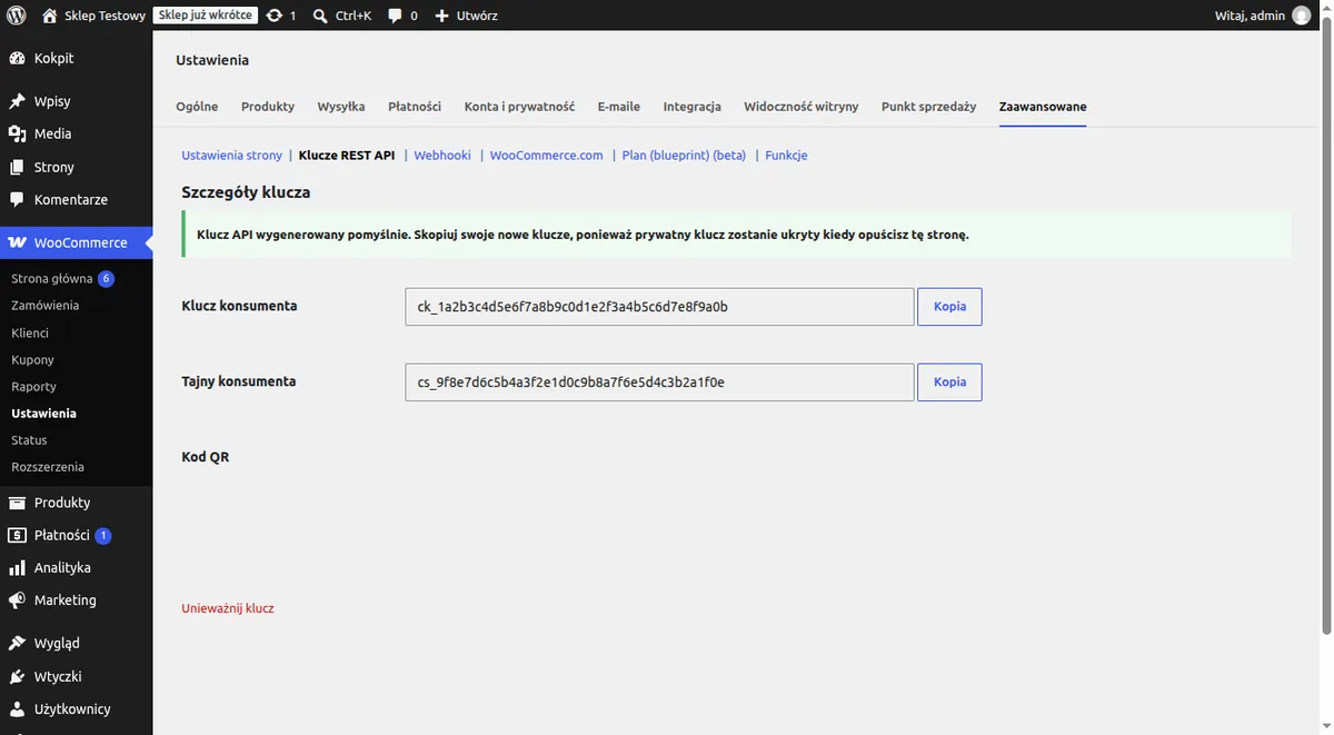 Wygenerowane klucze konsumenta w WooCommerce